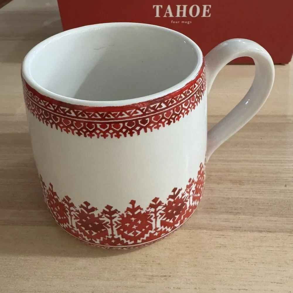 Pottery Barn Tahoe Fair Isle Icon Stoneware Mug Set of 4 Christmas NIB